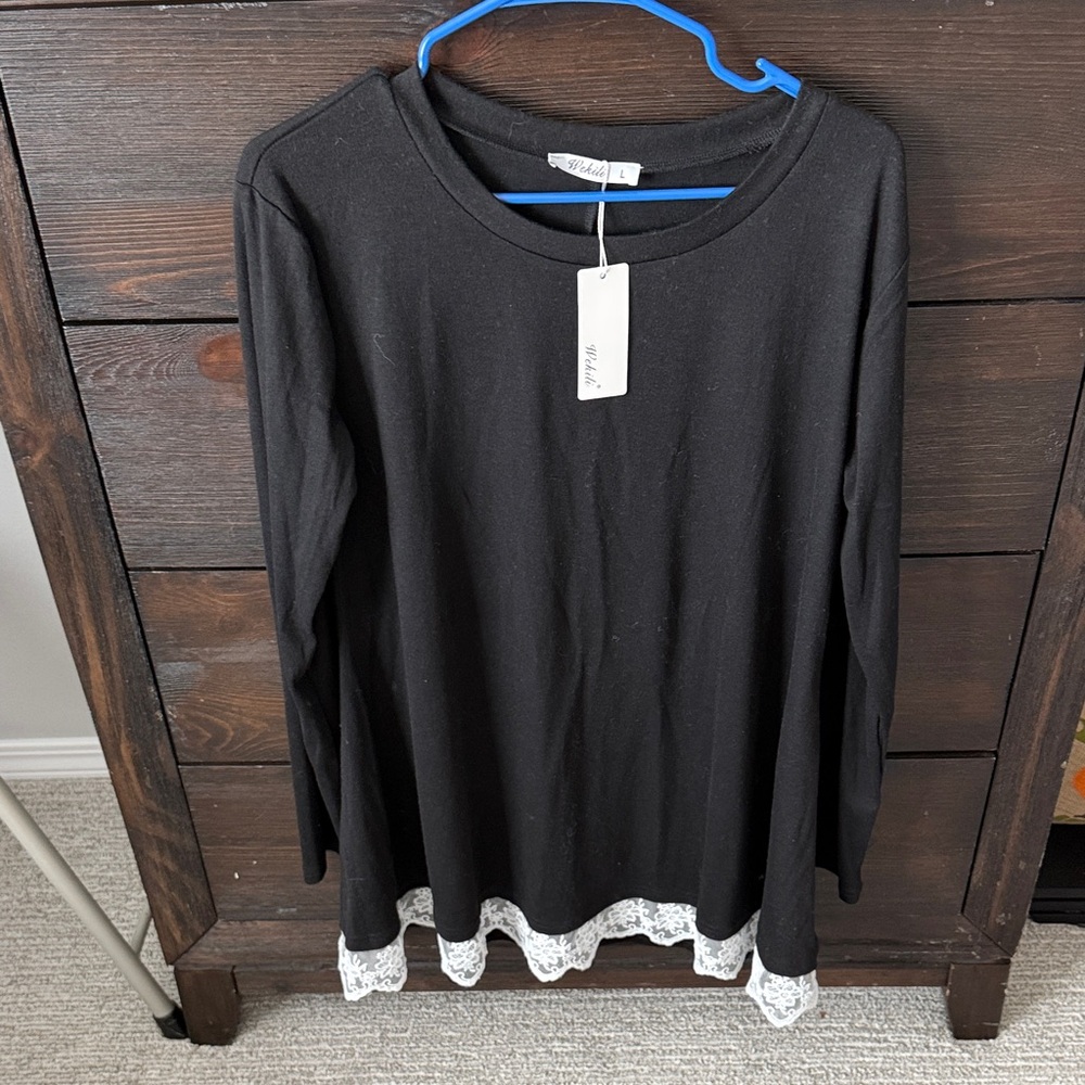 Elegant Black Long Sleeve Top with Lace Hem